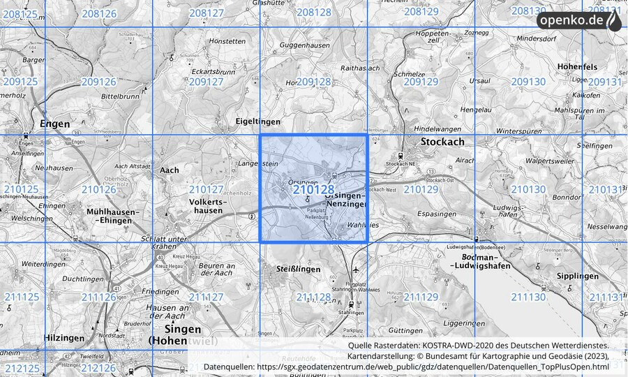 Übersichtskarte des KOSTRA-DWD-2020-Rasterfeldes Nr. 210128