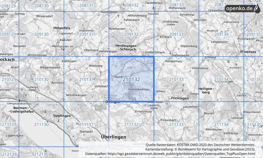 Übersichtskarte des KOSTRA-DWD-2020-Rasterfeldes Nr. 210132