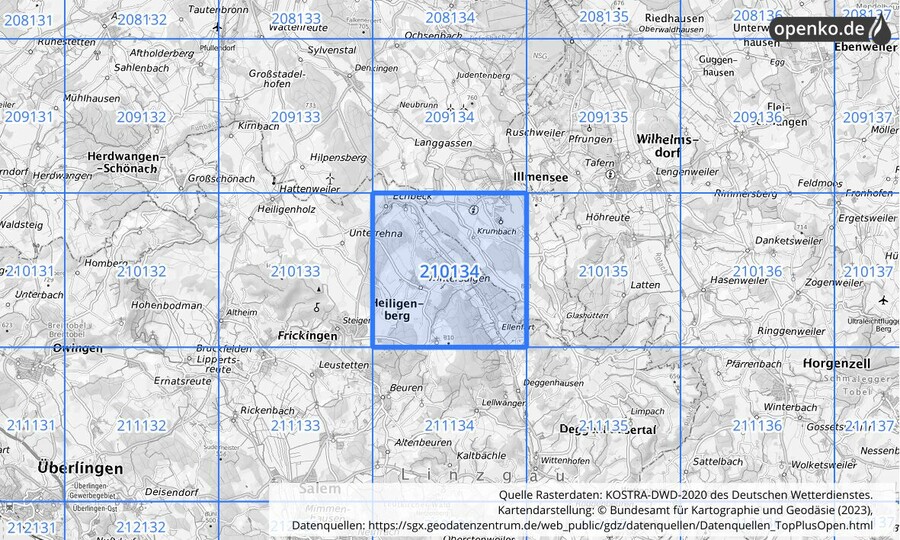 Übersichtskarte des KOSTRA-DWD-2020-Rasterfeldes Nr. 210134