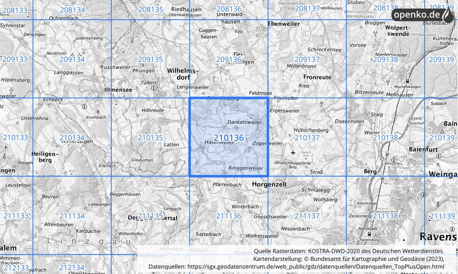 Übersichtskarte des KOSTRA-DWD-2020-Rasterfeldes Nr. 210136