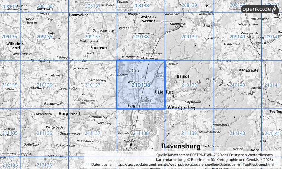 Übersichtskarte des KOSTRA-DWD-2020-Rasterfeldes Nr. 210138