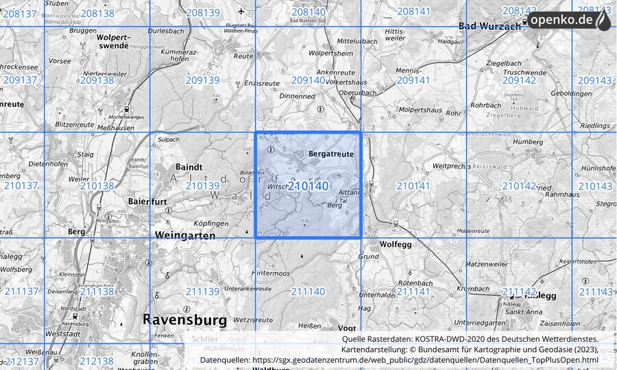 Übersichtskarte des KOSTRA-DWD-2020-Rasterfeldes Nr. 210140