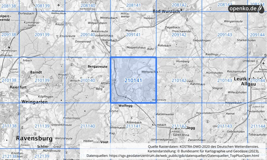Übersichtskarte des KOSTRA-DWD-2020-Rasterfeldes Nr. 210141