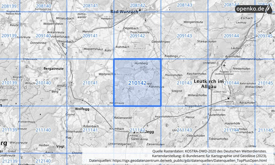 Übersichtskarte des KOSTRA-DWD-2020-Rasterfeldes Nr. 210142