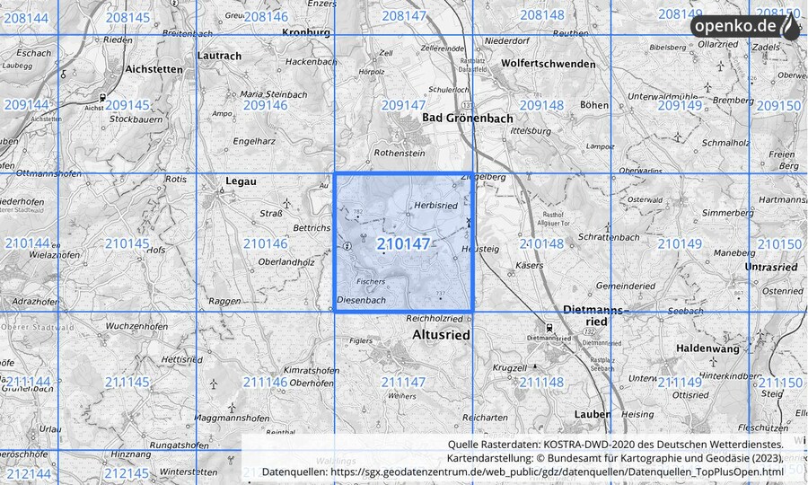 Übersichtskarte des KOSTRA-DWD-2020-Rasterfeldes Nr. 210147