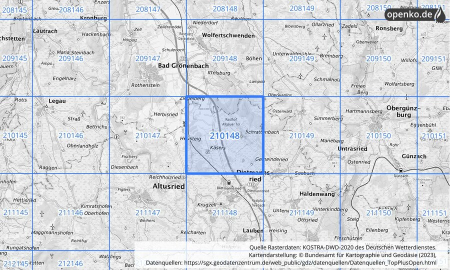 Übersichtskarte des KOSTRA-DWD-2020-Rasterfeldes Nr. 210148