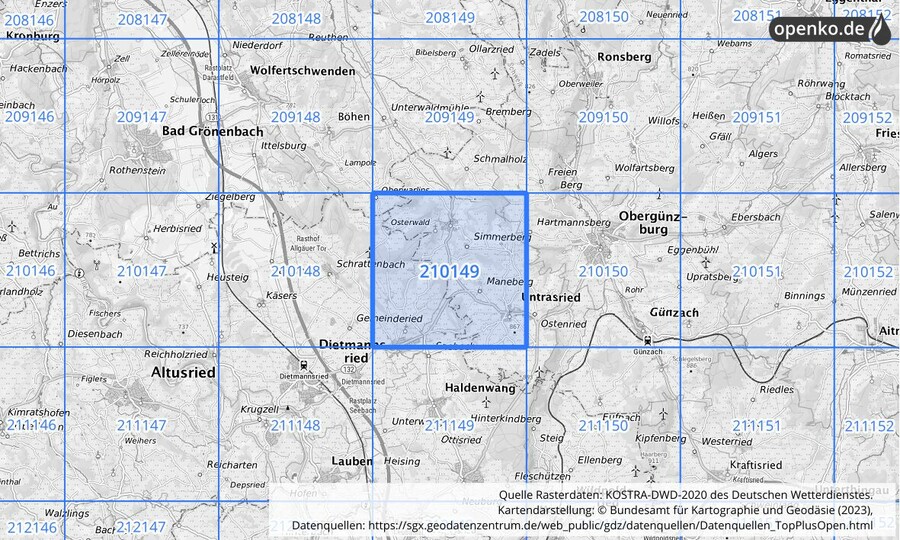 Übersichtskarte des KOSTRA-DWD-2020-Rasterfeldes Nr. 210149