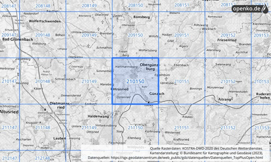 Übersichtskarte des KOSTRA-DWD-2020-Rasterfeldes Nr. 210150