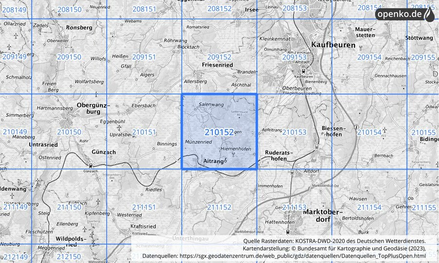 Übersichtskarte des KOSTRA-DWD-2020-Rasterfeldes Nr. 210152