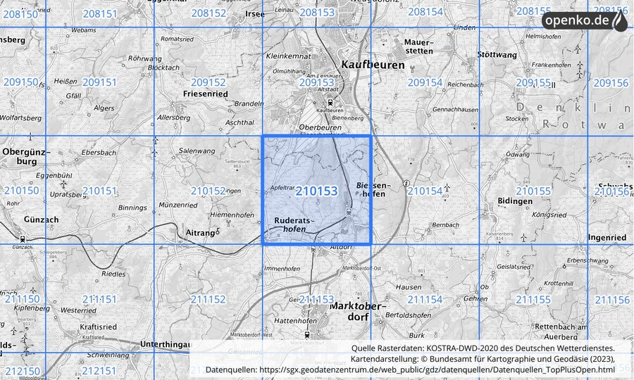 Übersichtskarte des KOSTRA-DWD-2020-Rasterfeldes Nr. 210153