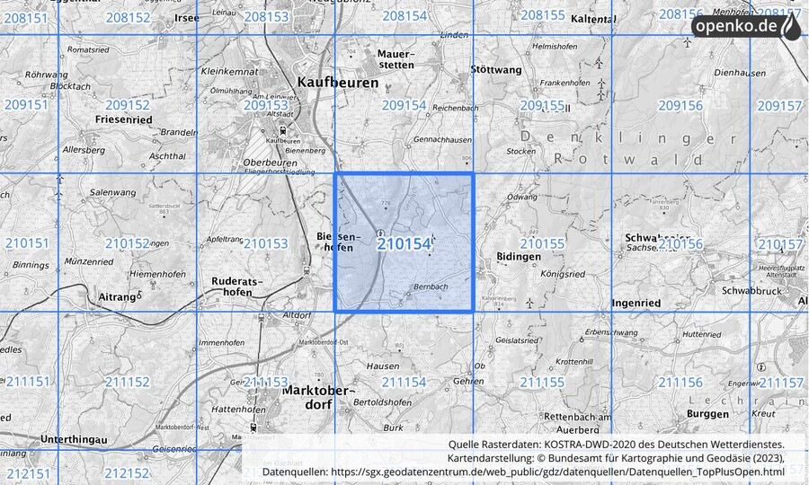 Übersichtskarte des KOSTRA-DWD-2020-Rasterfeldes Nr. 210154