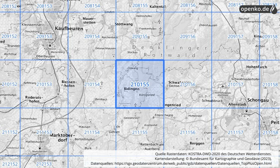 Übersichtskarte des KOSTRA-DWD-2020-Rasterfeldes Nr. 210155
