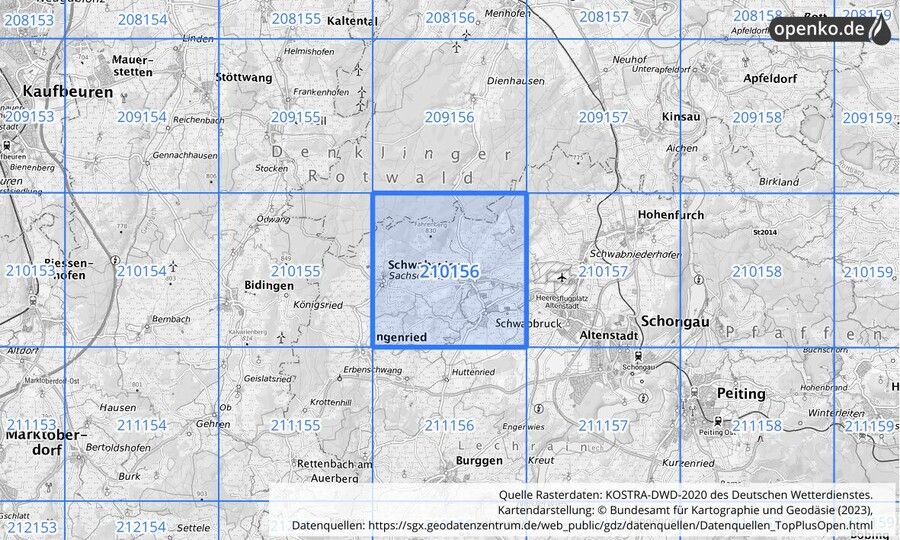 Übersichtskarte des KOSTRA-DWD-2020-Rasterfeldes Nr. 210156
