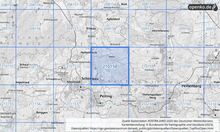 Übersichtskarte des KOSTRA-DWD-2020-Rasterfeldes Nr. 210158