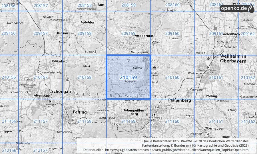 Übersichtskarte des KOSTRA-DWD-2020-Rasterfeldes Nr. 210159