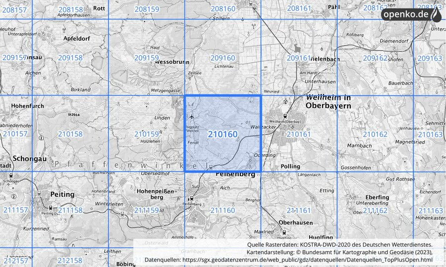 Übersichtskarte des KOSTRA-DWD-2020-Rasterfeldes Nr. 210160