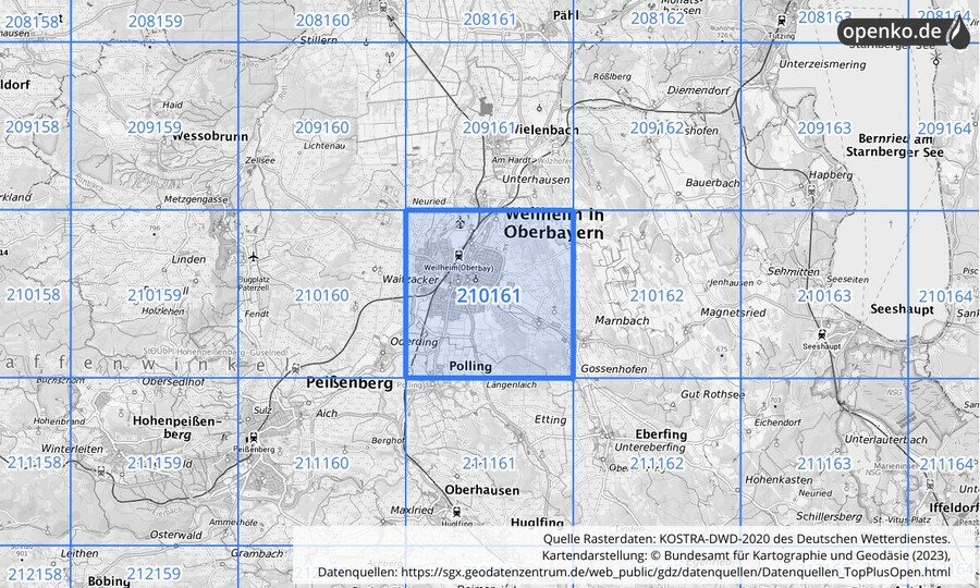 Übersichtskarte des KOSTRA-DWD-2020-Rasterfeldes Nr. 210161