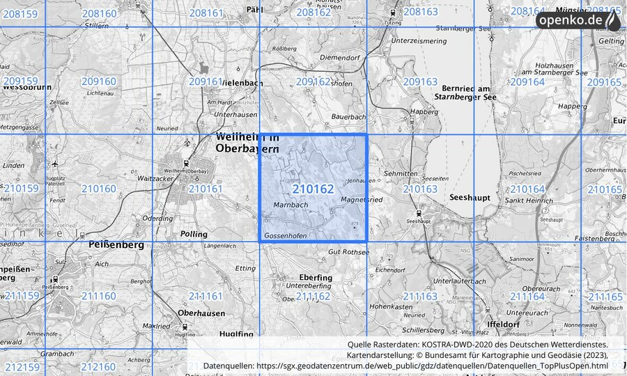 Übersichtskarte des KOSTRA-DWD-2020-Rasterfeldes Nr. 210162