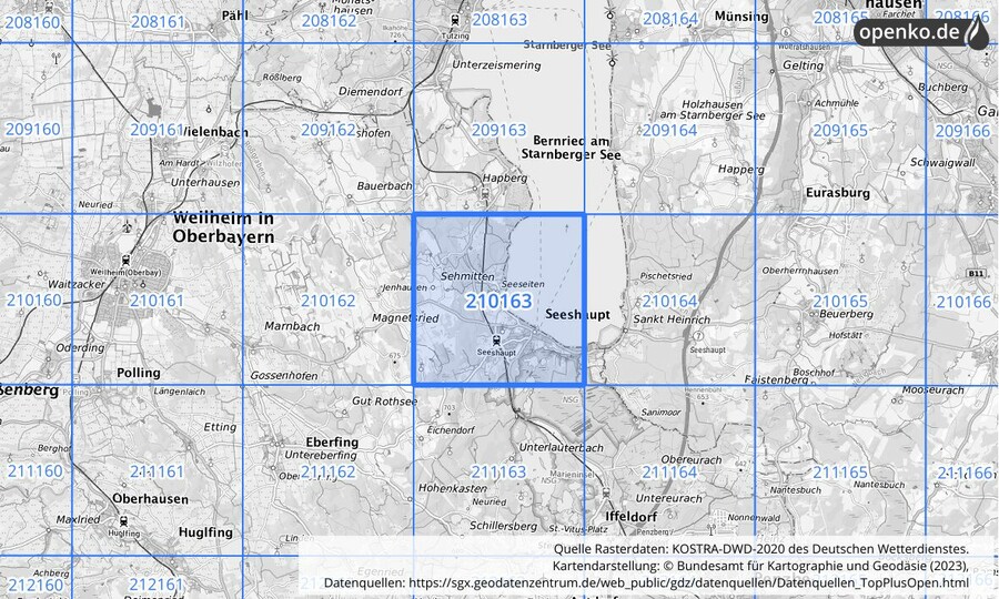Übersichtskarte des KOSTRA-DWD-2020-Rasterfeldes Nr. 210163