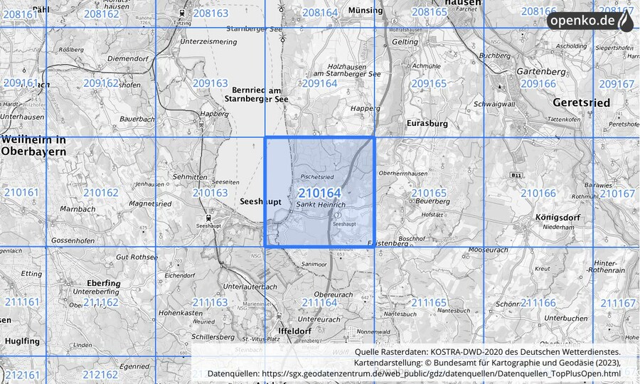 Übersichtskarte des KOSTRA-DWD-2020-Rasterfeldes Nr. 210164