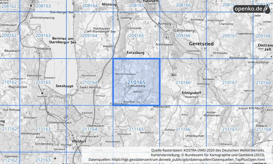 Übersichtskarte des KOSTRA-DWD-2020-Rasterfeldes Nr. 210165