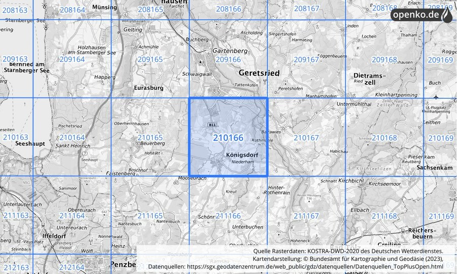 Übersichtskarte des KOSTRA-DWD-2020-Rasterfeldes Nr. 210166