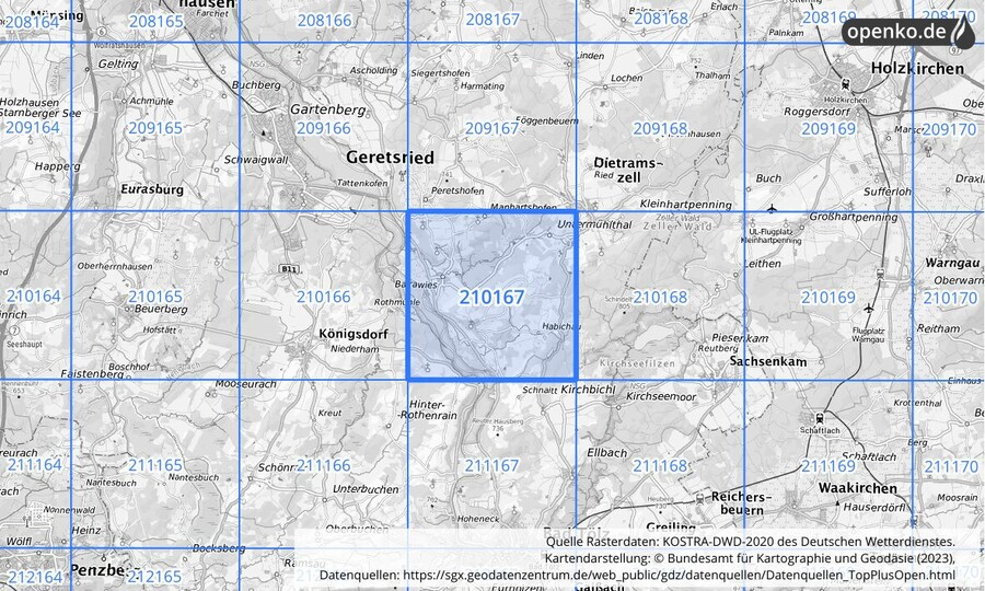 Übersichtskarte des KOSTRA-DWD-2020-Rasterfeldes Nr. 210167