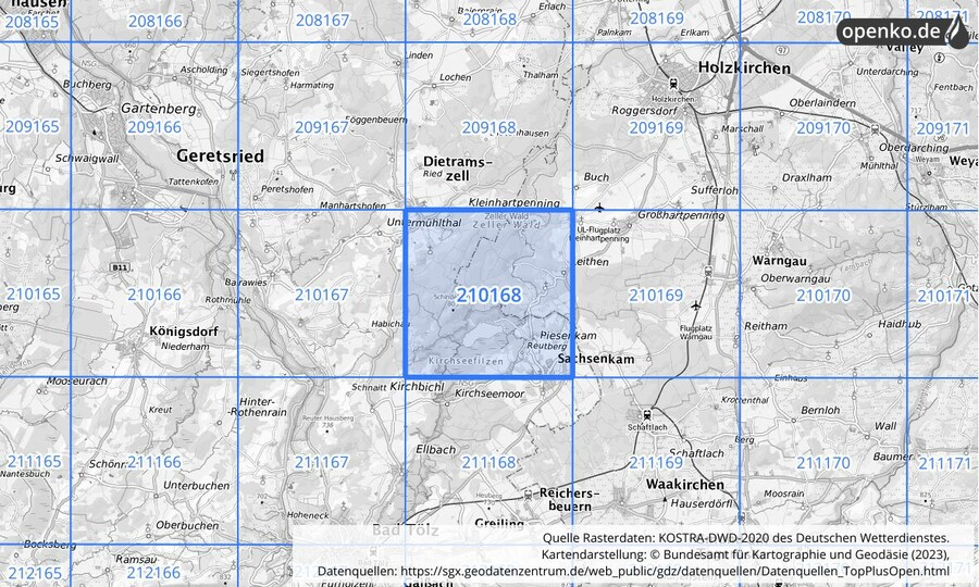 Übersichtskarte des KOSTRA-DWD-2020-Rasterfeldes Nr. 210168