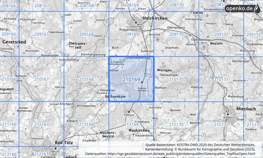 Übersichtskarte des KOSTRA-DWD-2020-Rasterfeldes Nr. 210169