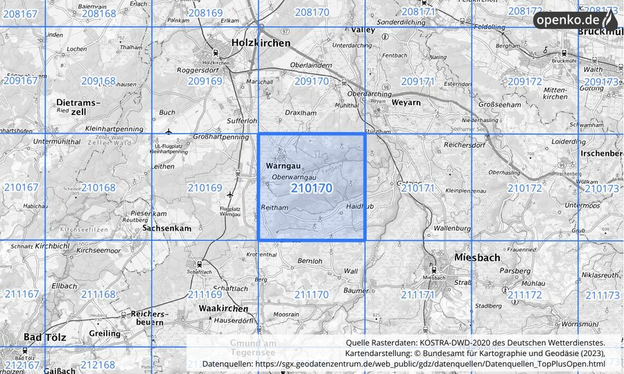 Übersichtskarte des KOSTRA-DWD-2020-Rasterfeldes Nr. 210170