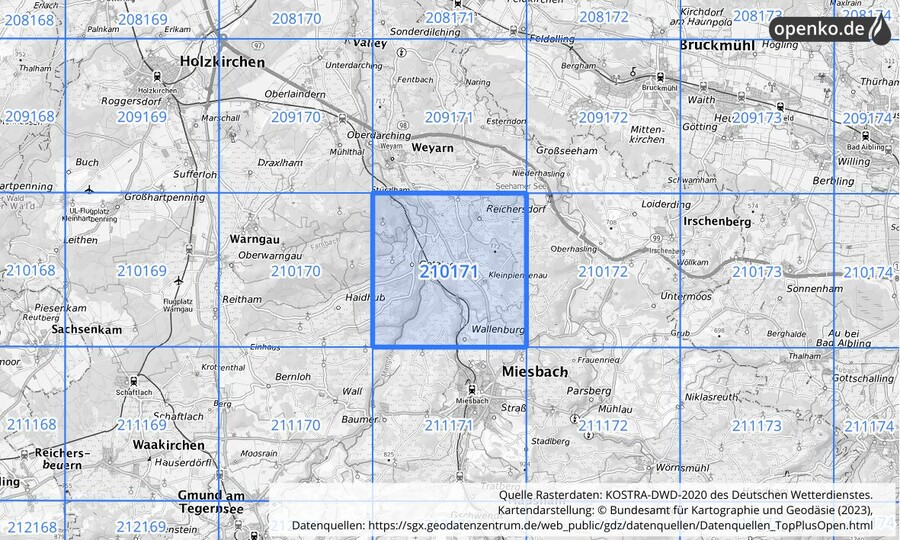Übersichtskarte des KOSTRA-DWD-2020-Rasterfeldes Nr. 210171