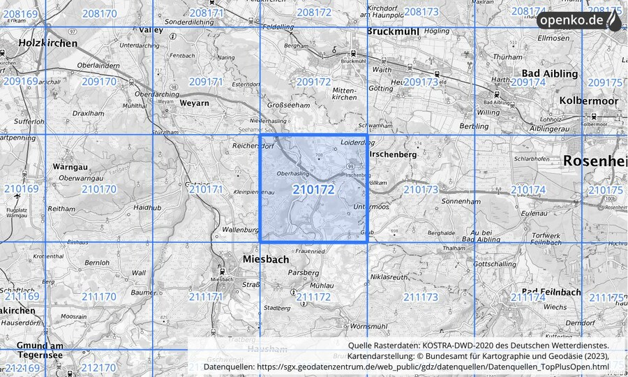 Übersichtskarte des KOSTRA-DWD-2020-Rasterfeldes Nr. 210172