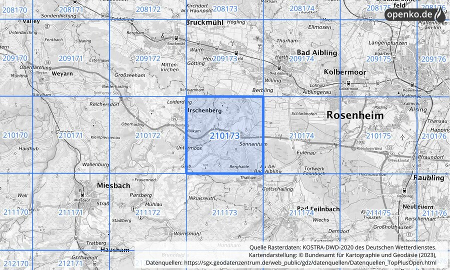 Übersichtskarte des KOSTRA-DWD-2020-Rasterfeldes Nr. 210173