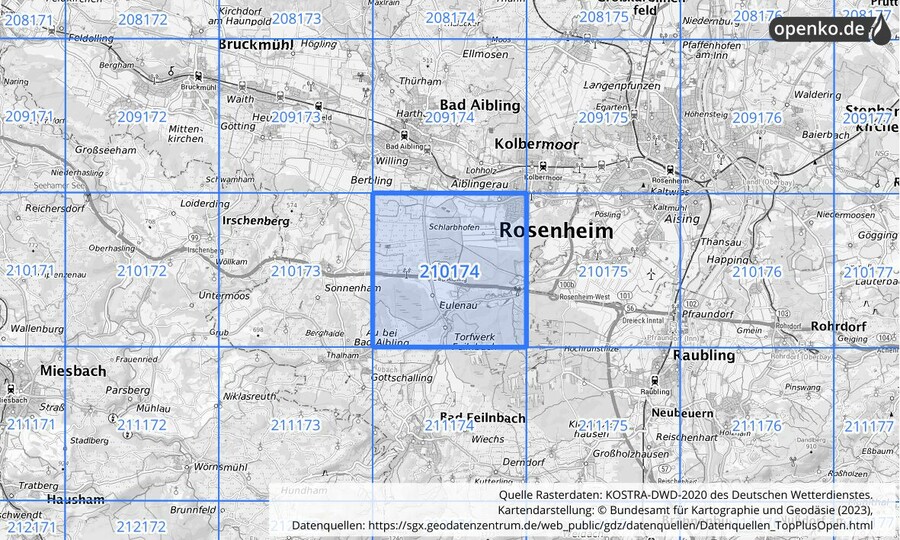 Übersichtskarte des KOSTRA-DWD-2020-Rasterfeldes Nr. 210174