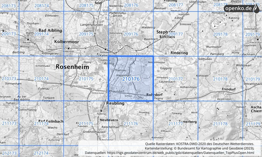 Übersichtskarte des KOSTRA-DWD-2020-Rasterfeldes Nr. 210176