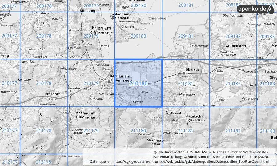 Übersichtskarte des KOSTRA-DWD-2020-Rasterfeldes Nr. 210180