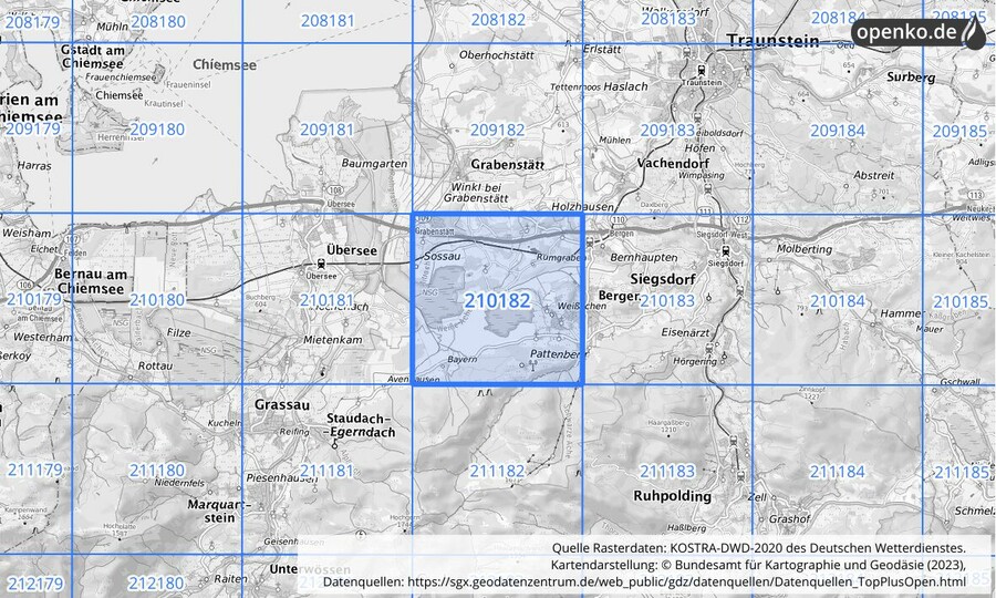 Übersichtskarte des KOSTRA-DWD-2020-Rasterfeldes Nr. 210182