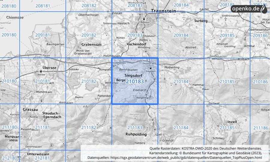 Übersichtskarte des KOSTRA-DWD-2020-Rasterfeldes Nr. 210183