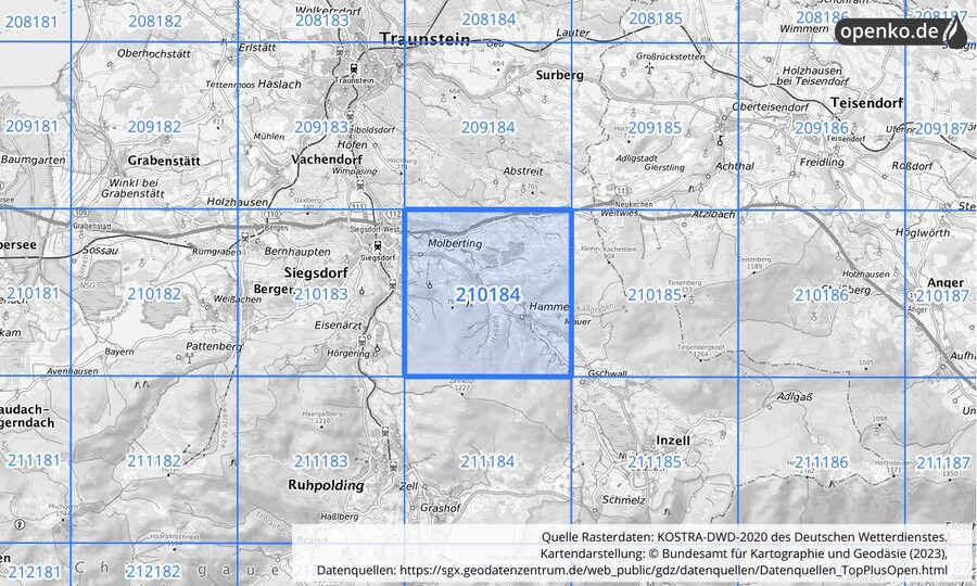 Übersichtskarte des KOSTRA-DWD-2020-Rasterfeldes Nr. 210184