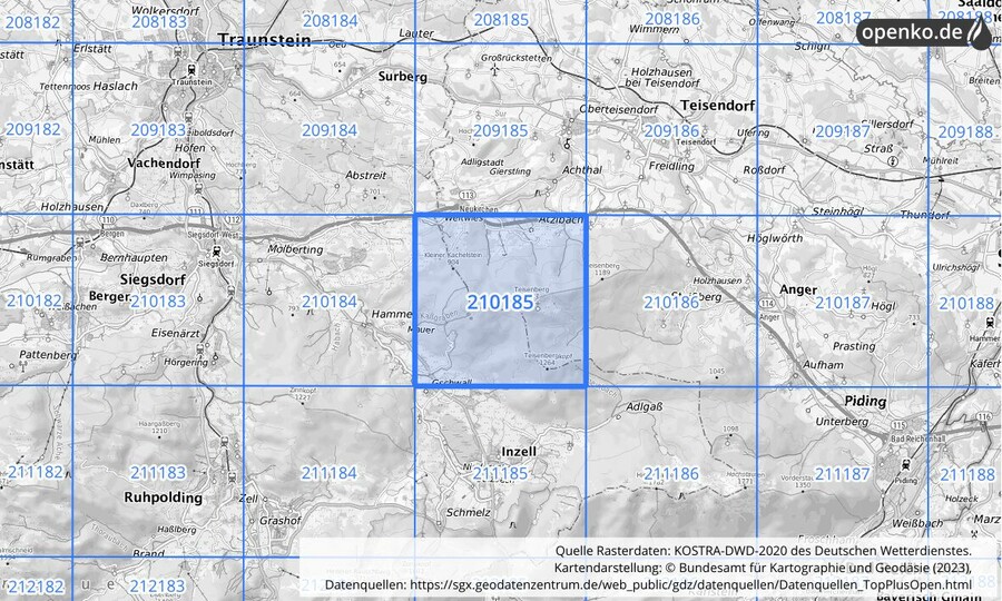 Übersichtskarte des KOSTRA-DWD-2020-Rasterfeldes Nr. 210185