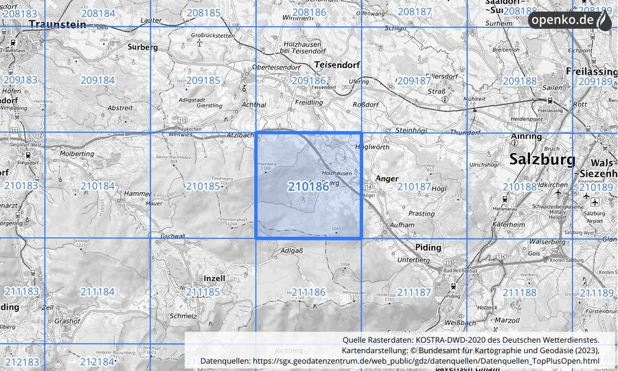 Übersichtskarte des KOSTRA-DWD-2020-Rasterfeldes Nr. 210186