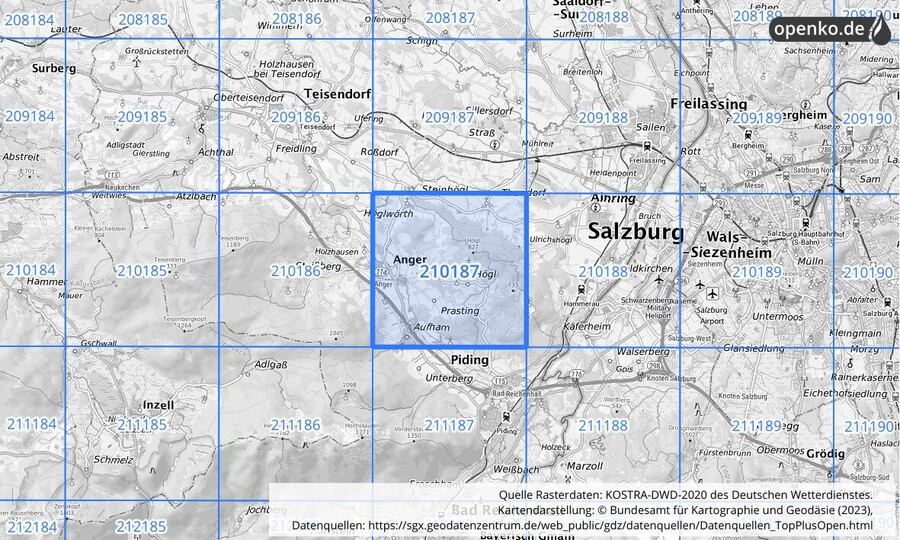 Übersichtskarte des KOSTRA-DWD-2020-Rasterfeldes Nr. 210187