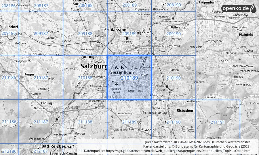 Übersichtskarte des KOSTRA-DWD-2020-Rasterfeldes Nr. 210189
