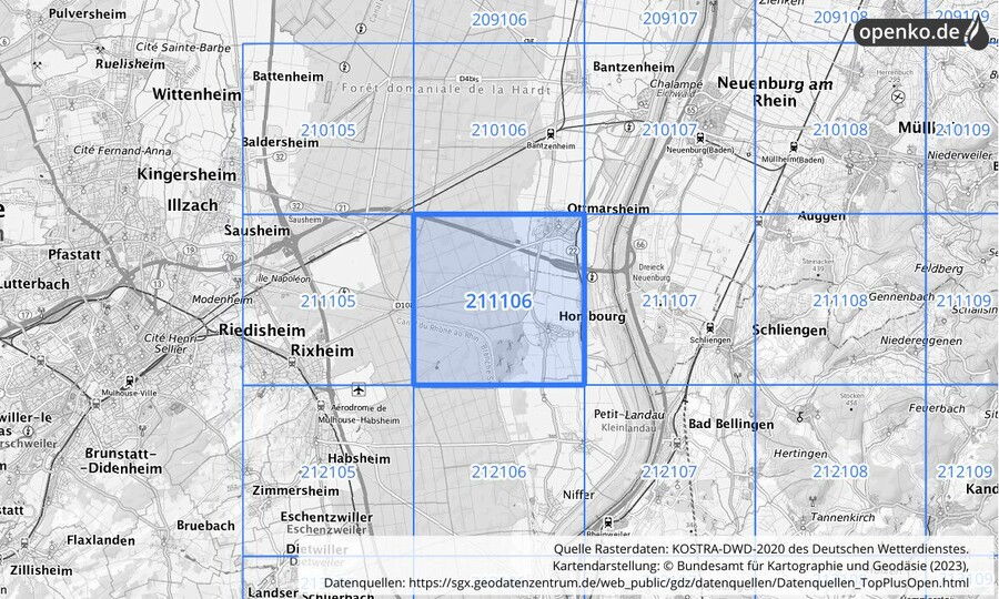 Übersichtskarte des KOSTRA-DWD-2020-Rasterfeldes Nr. 211106