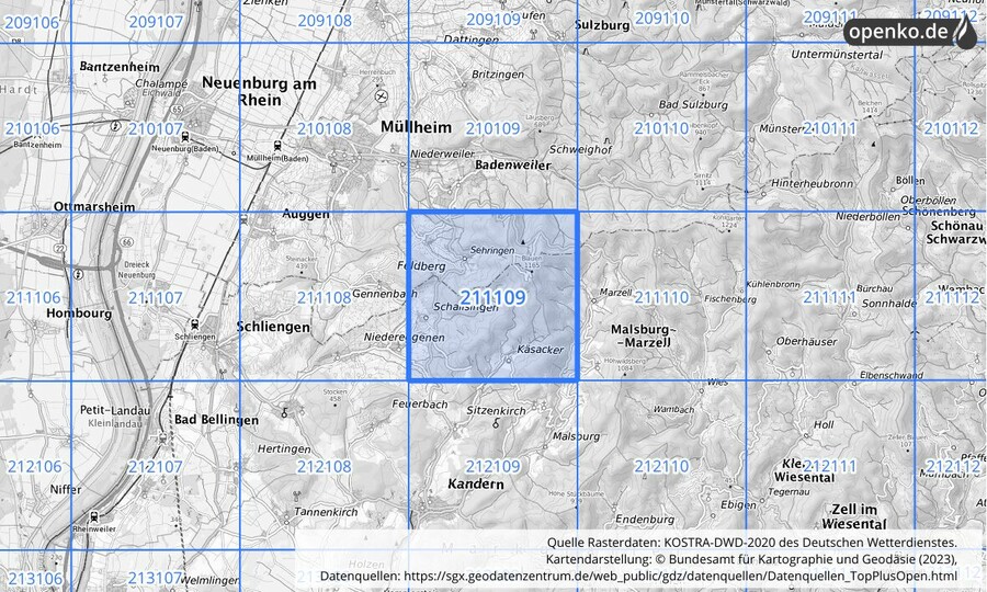 Übersichtskarte des KOSTRA-DWD-2020-Rasterfeldes Nr. 211109