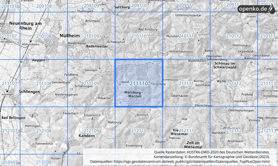 Übersichtskarte des KOSTRA-DWD-2020-Rasterfeldes Nr. 211110