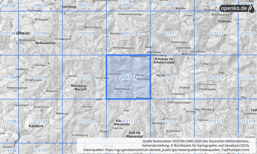 Übersichtskarte des KOSTRA-DWD-2020-Rasterfeldes Nr. 211111