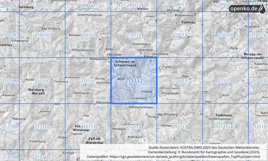 Übersichtskarte des KOSTRA-DWD-2020-Rasterfeldes Nr. 211112
