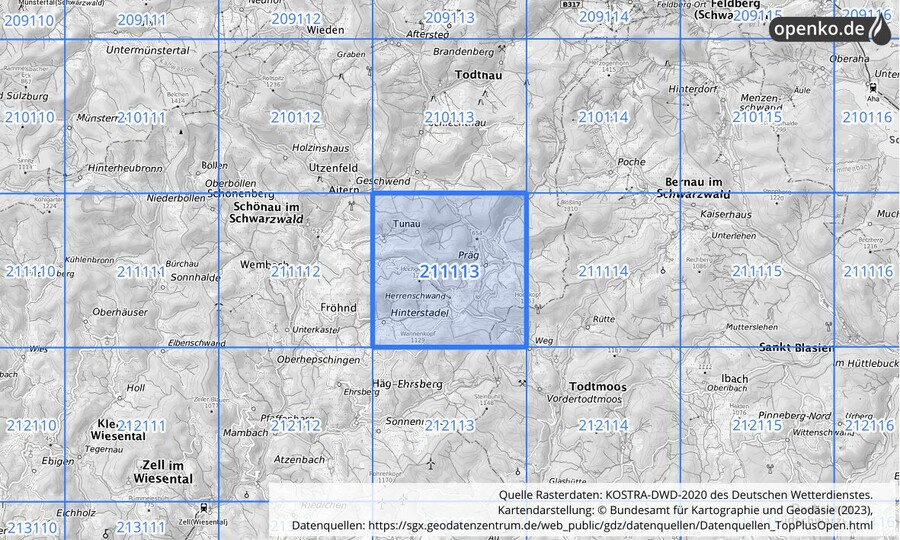 Übersichtskarte des KOSTRA-DWD-2020-Rasterfeldes Nr. 211113