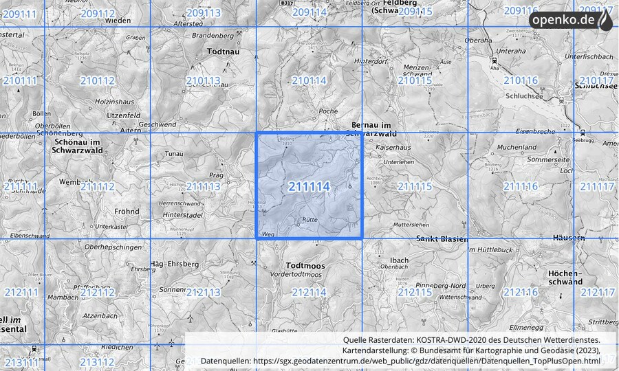 Übersichtskarte des KOSTRA-DWD-2020-Rasterfeldes Nr. 211114